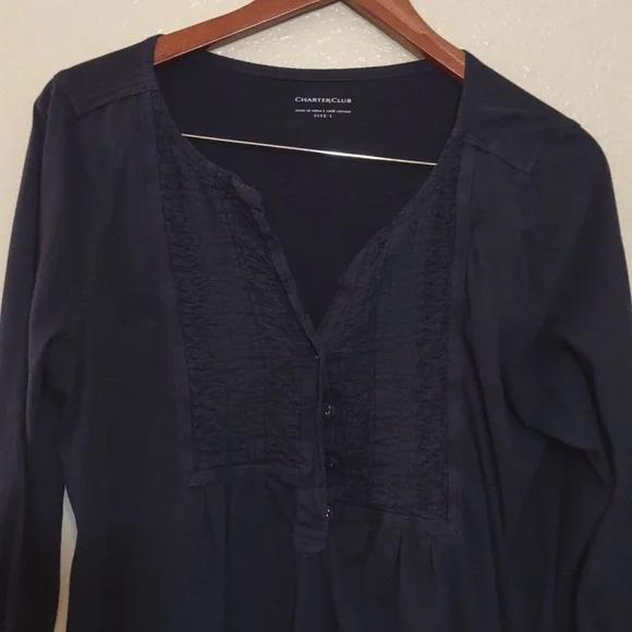 USED CHARTER CLUB 3/4 SLEEVE SHIRT NAVY BLUE SIZE L - Picture 4 of 11